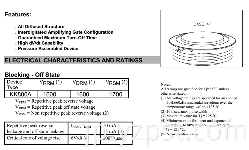 High Power Thyristor for Inverter YZPST-KK800A1600V